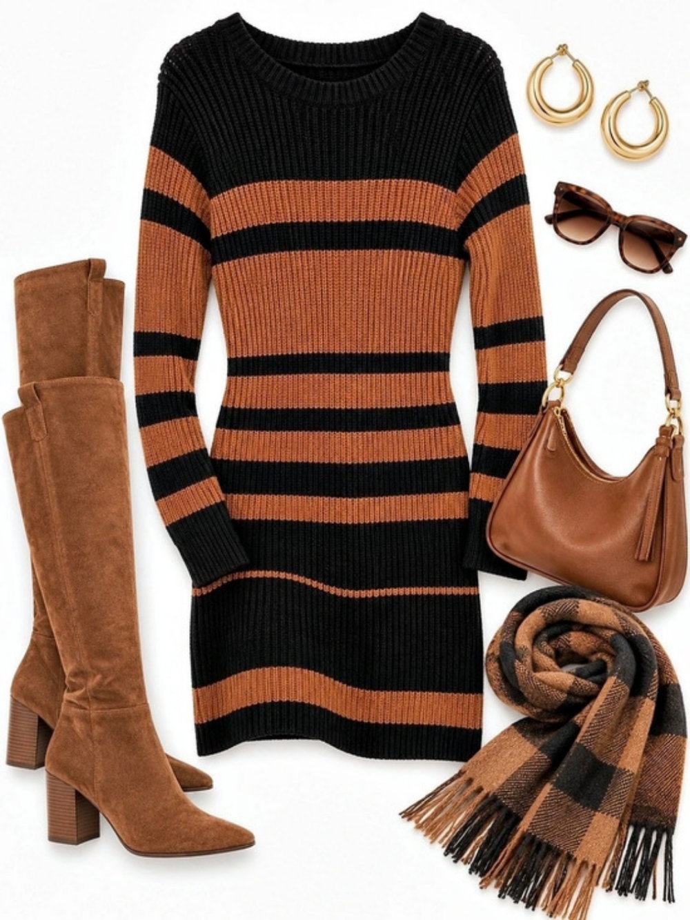 Striped Sweater Midi Dress in Black & Brown Like New